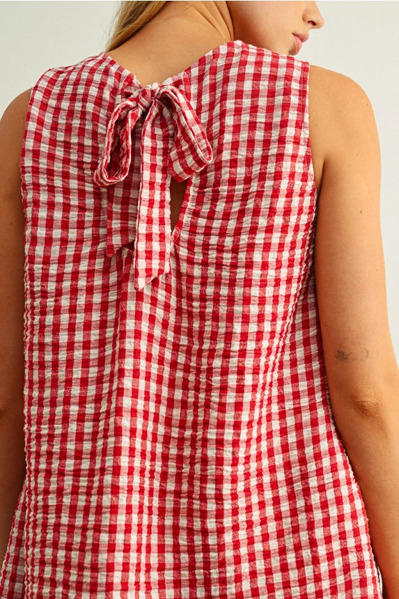 Gingham Pattern S/L Open Back Detail Dress