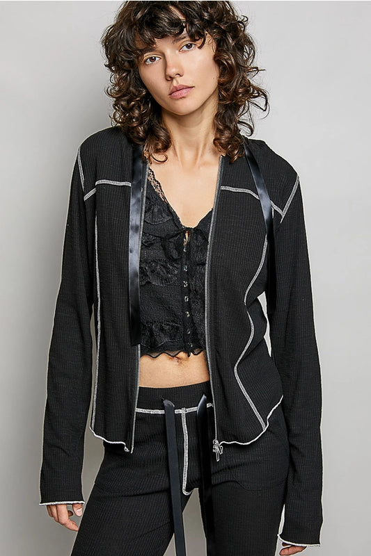 Ribbed Knit Ribbon Tie Hoodie Top