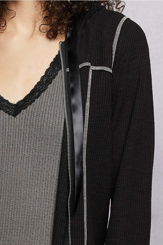 Ribbed Knit Ribbon Tie Hoodie Top