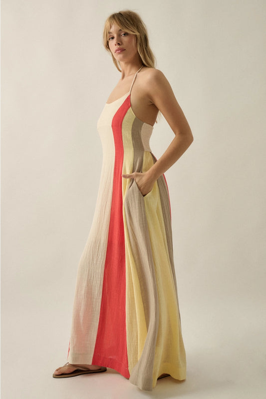 Colorblock Cotton Gauze Open-Back Halter Pocket Maxi Dress