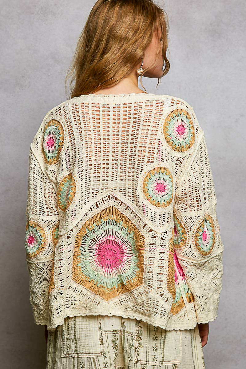 POL Open Weave Crochet Pullover