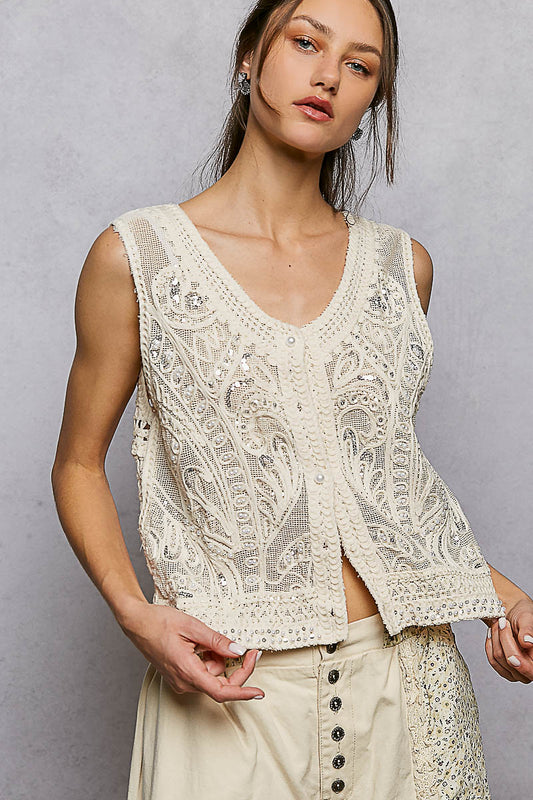 POL V-Neck Sequin & Pearl Crochet Vest