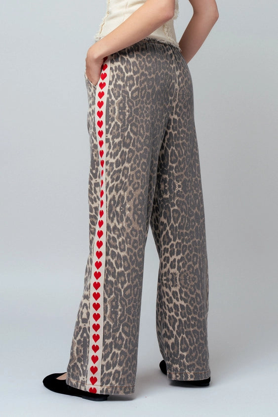Leopard Print Heart Side Stripe Pants