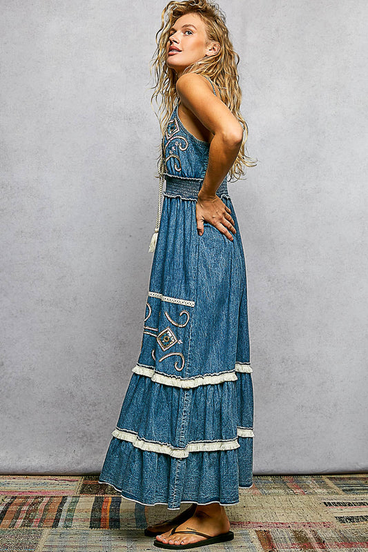 POL Deep V Denim Embroidered Dress