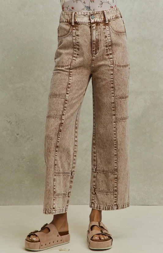 Washed Denim Wide Pants with Stitch Detailing