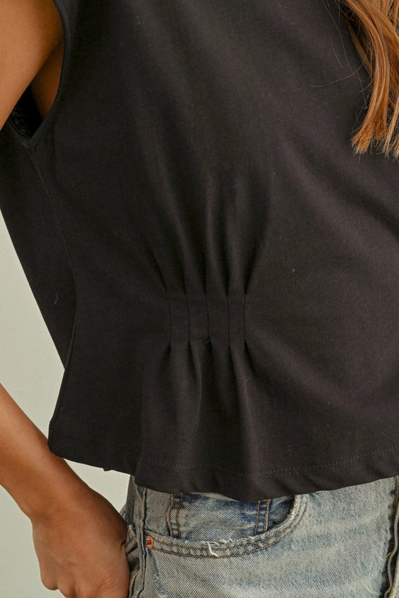 Round Neck Waist Detailed Cap Sleeve Top