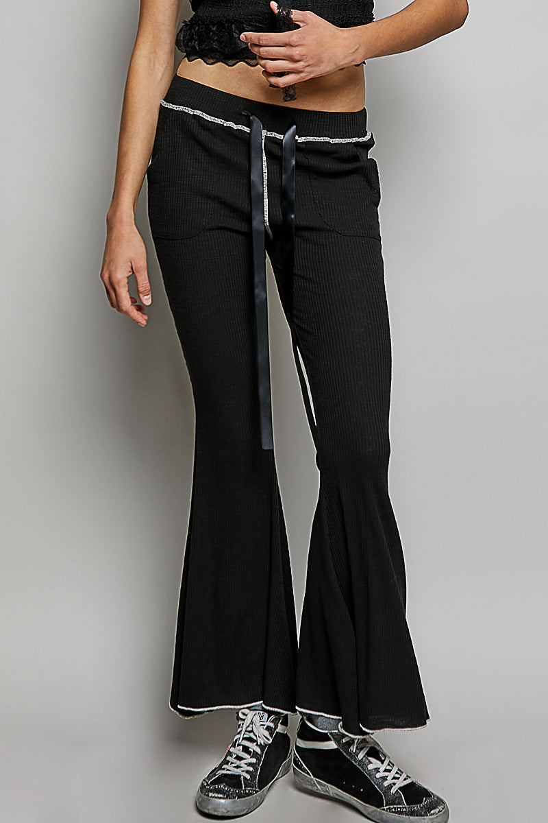 Ribbed Knit Ribbon Drawstring Lounge Pants