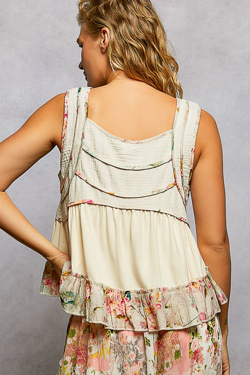 POL Square Neck Floral Binding Detail Tank