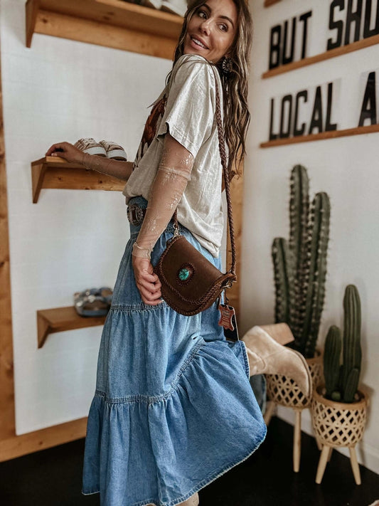 Bohemian Tiered Denim A-Line Skirt