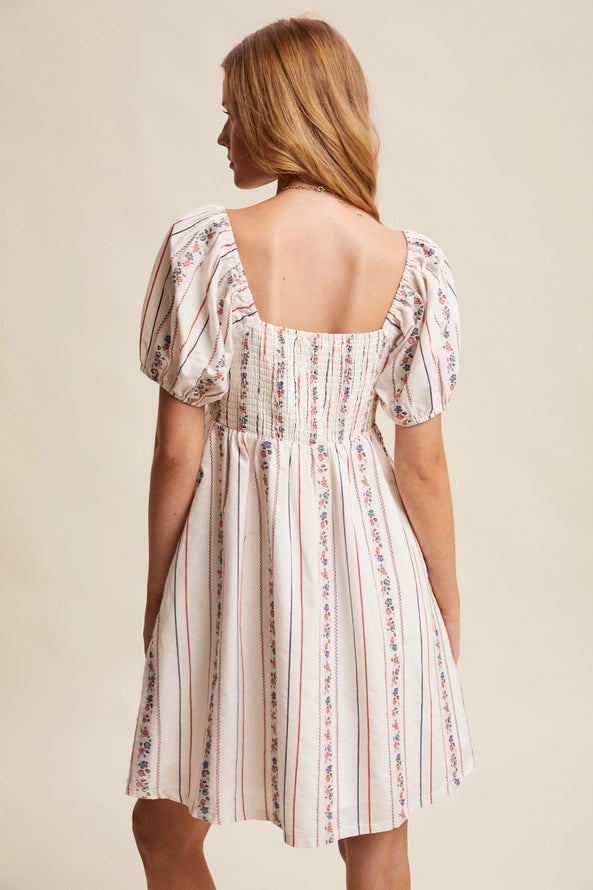 Floral Stripe Puff Sleeve Dress