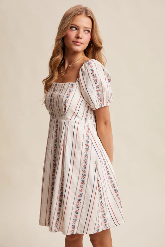 Floral Stripe Puff Sleeve Dress