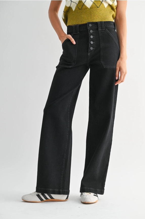 Button Down Slim Wide Leg Black Jeans