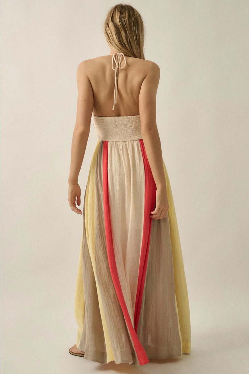 Colorblock Cotton Gauze Open-Back Halter Pocket Maxi Dress