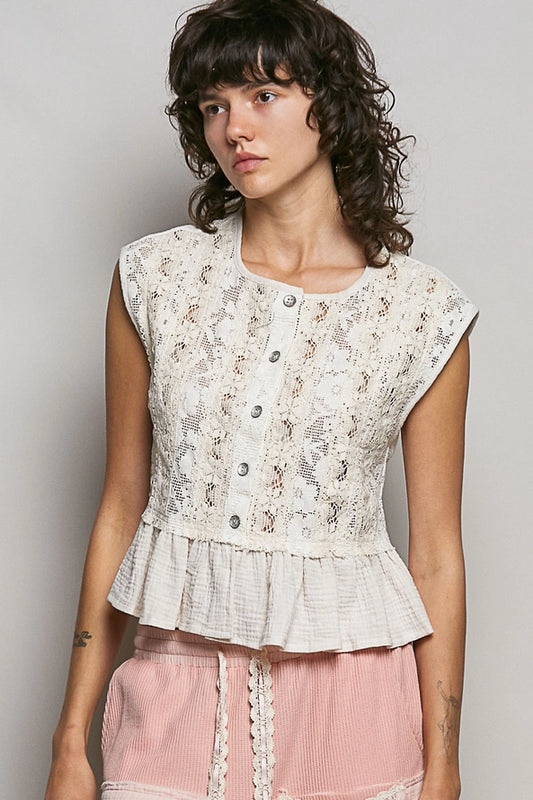 Ruffle Button Down Lace Vest Top