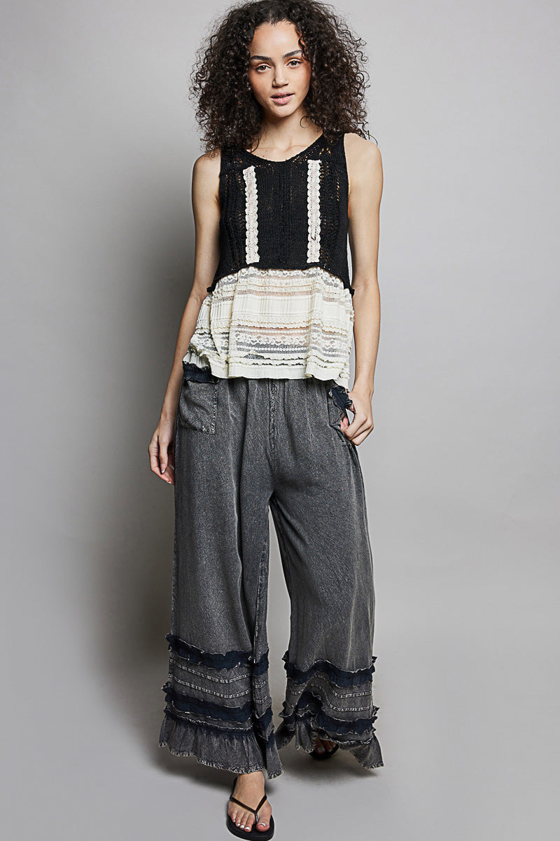 Relaxed Fit Woven Ruffle Pants