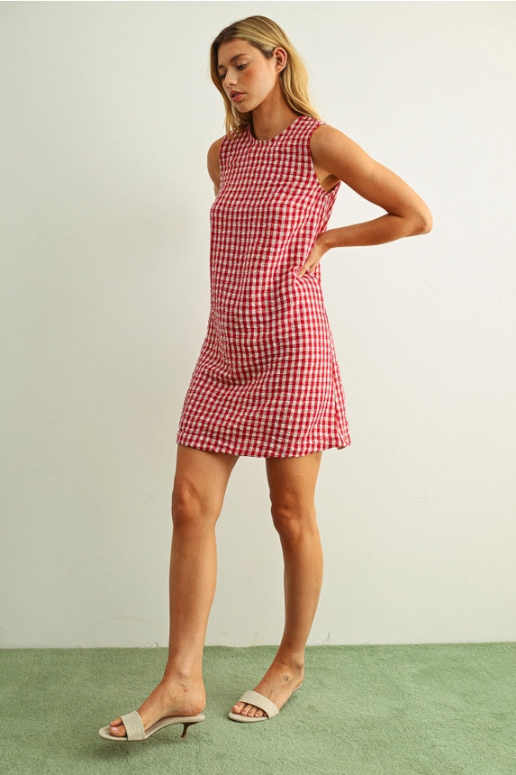 Gingham Pattern S/L Open Back Detail Dress