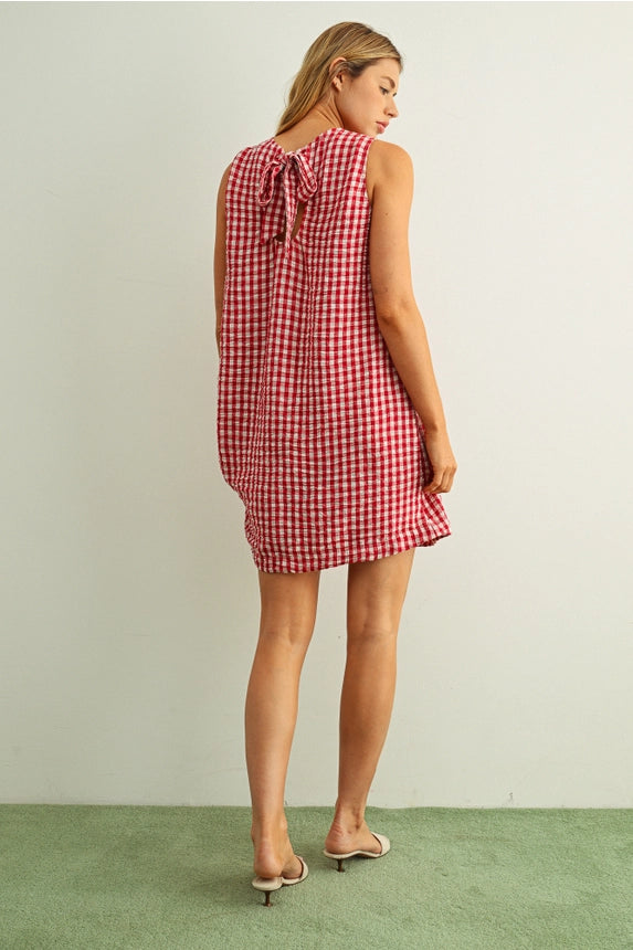 Gingham Pattern S/L Open Back Detail Dress