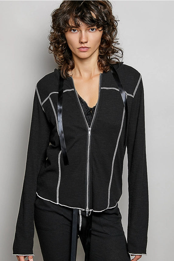 Ribbed Knit Ribbon Tie Hoodie Top