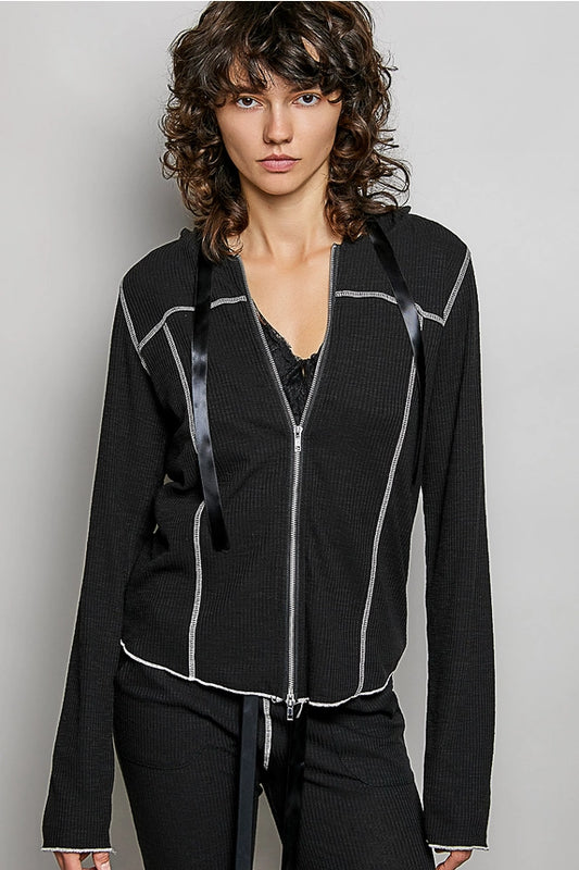 Ribbed Knit Ribbon Tie Hoodie Top