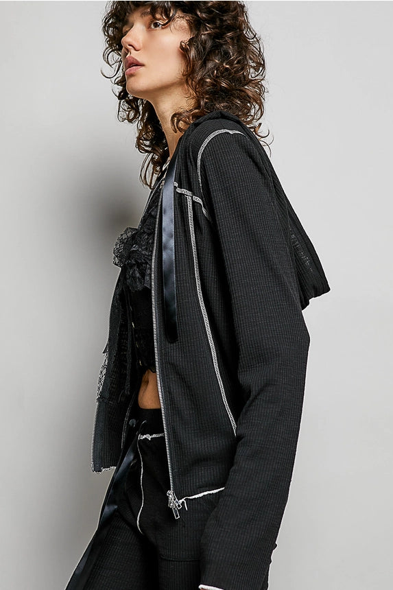 Ribbed Knit Ribbon Tie Hoodie Top