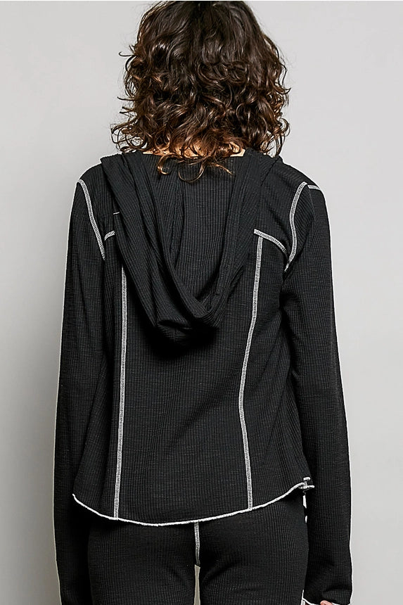 Ribbed Knit Ribbon Tie Hoodie Top
