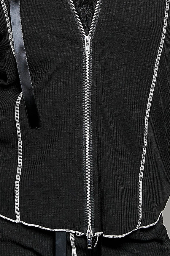 Ribbed Knit Ribbon Tie Hoodie Top
