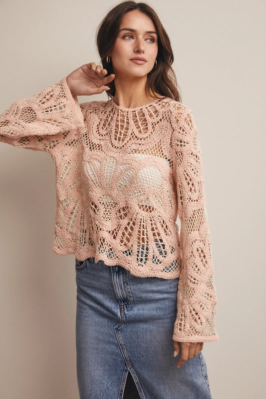 Boho Contrast Crochet Top - Blush
