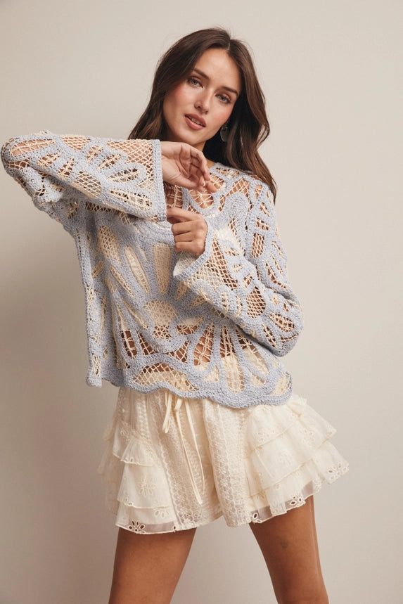 Boho Contrast Crochet Top - Powder Blue