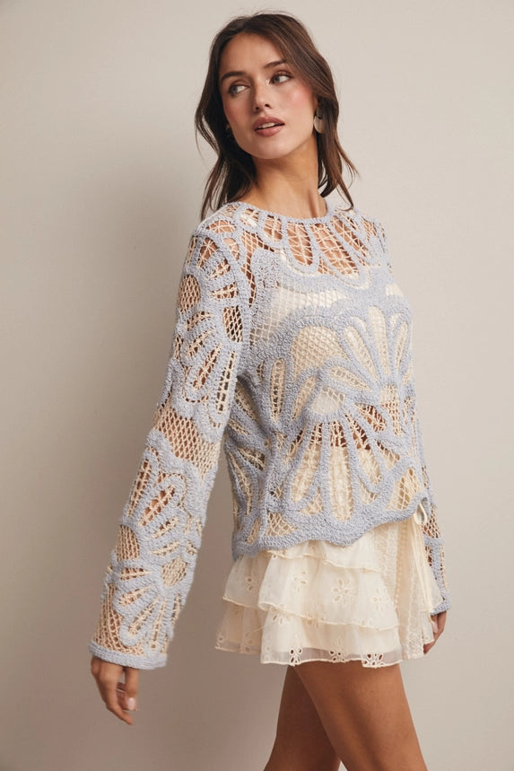 Boho Contrast Crochet Top - Powder Blue