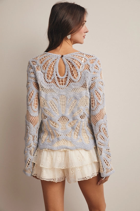 Boho Contrast Crochet Top - Powder Blue