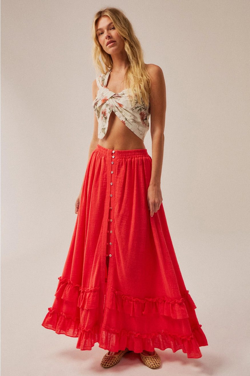 Solid Cotton Gauze Button-Front Ruffled Maxi Skirt