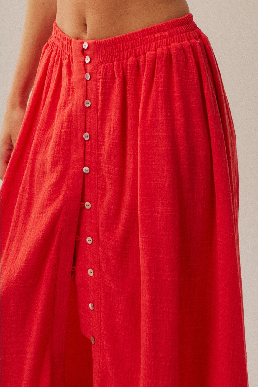 Solid Cotton Gauze Button-Front Ruffled Maxi Skirt