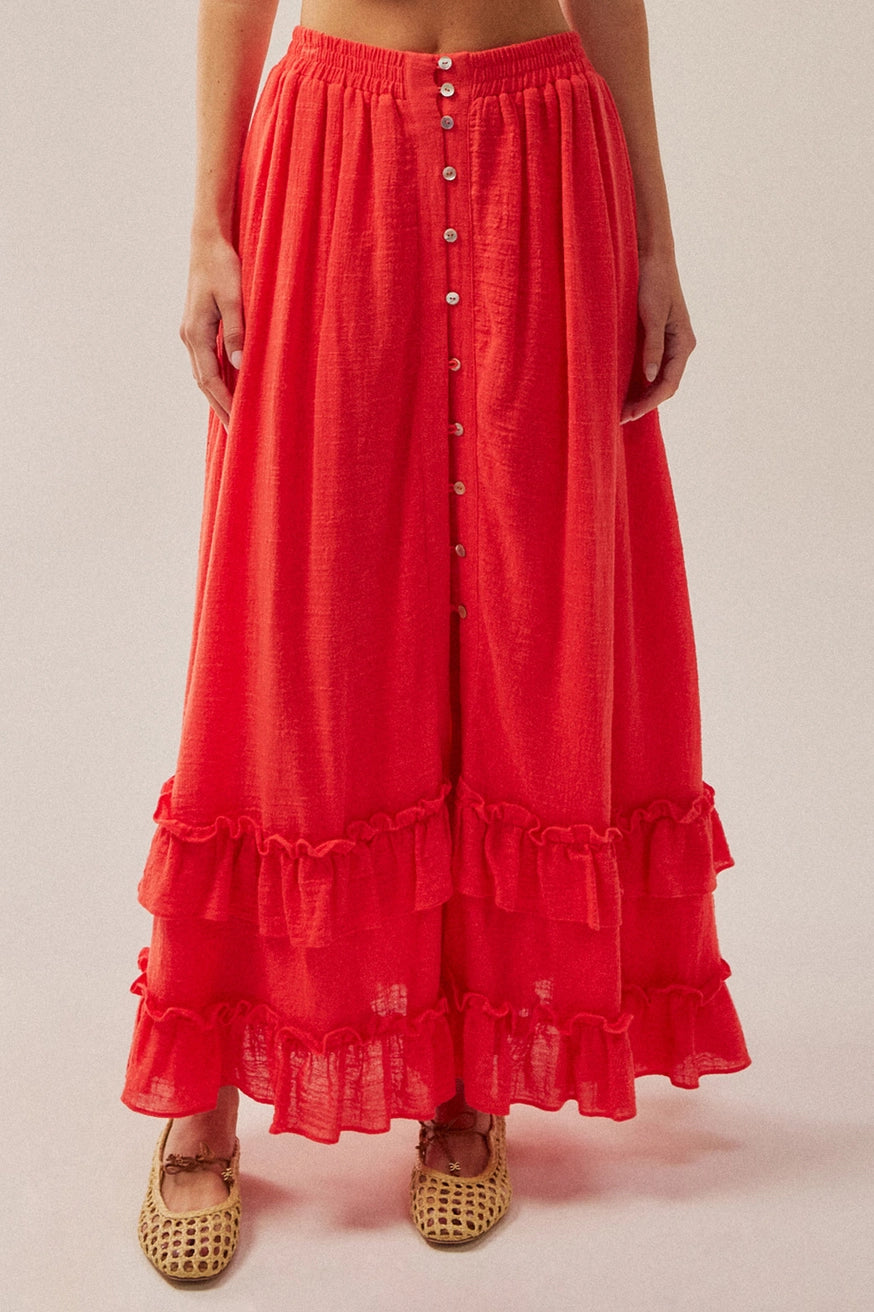 Solid Cotton Gauze Button-Front Ruffled Maxi Skirt