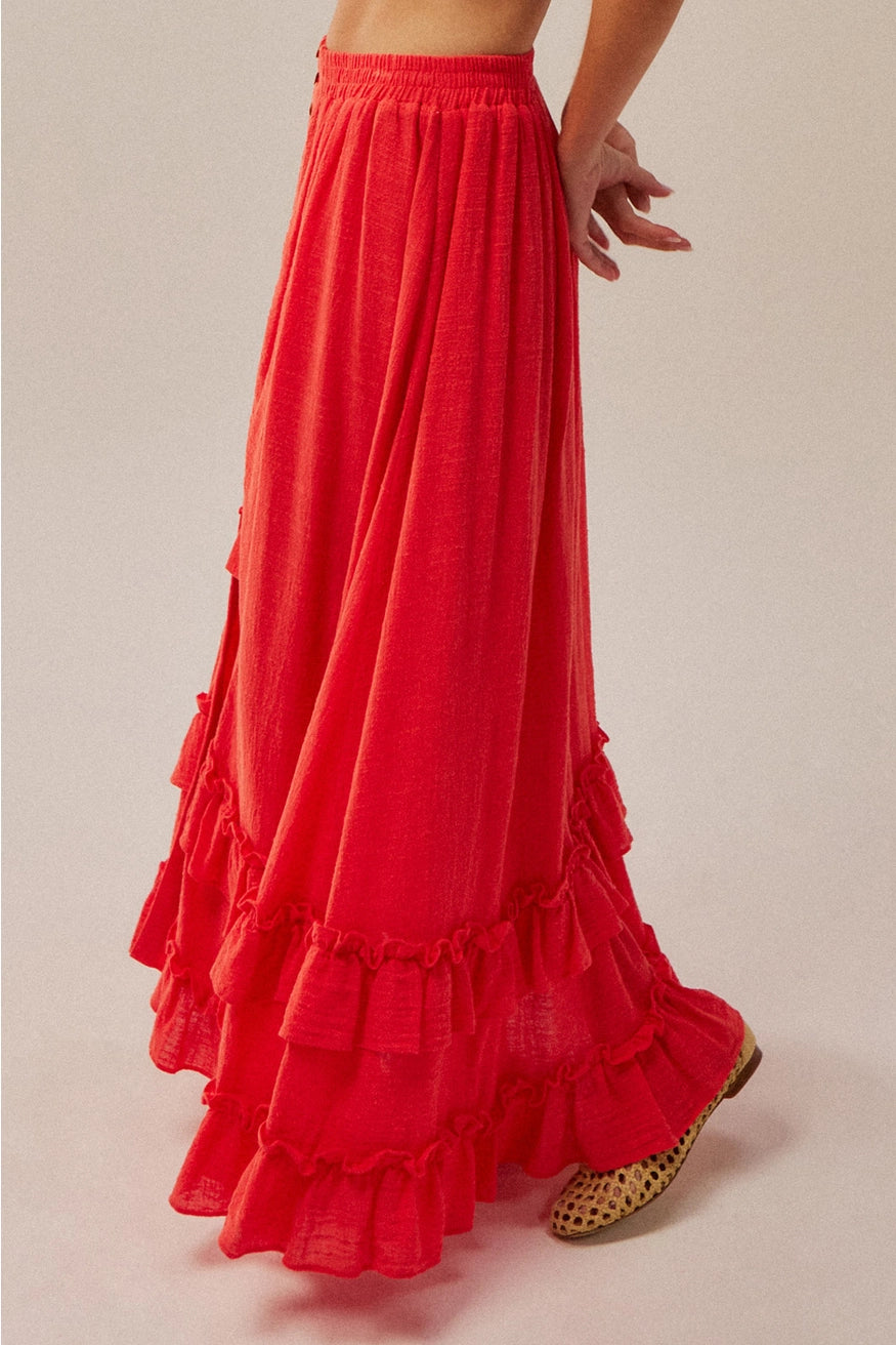 Solid Cotton Gauze Button-Front Ruffled Maxi Skirt