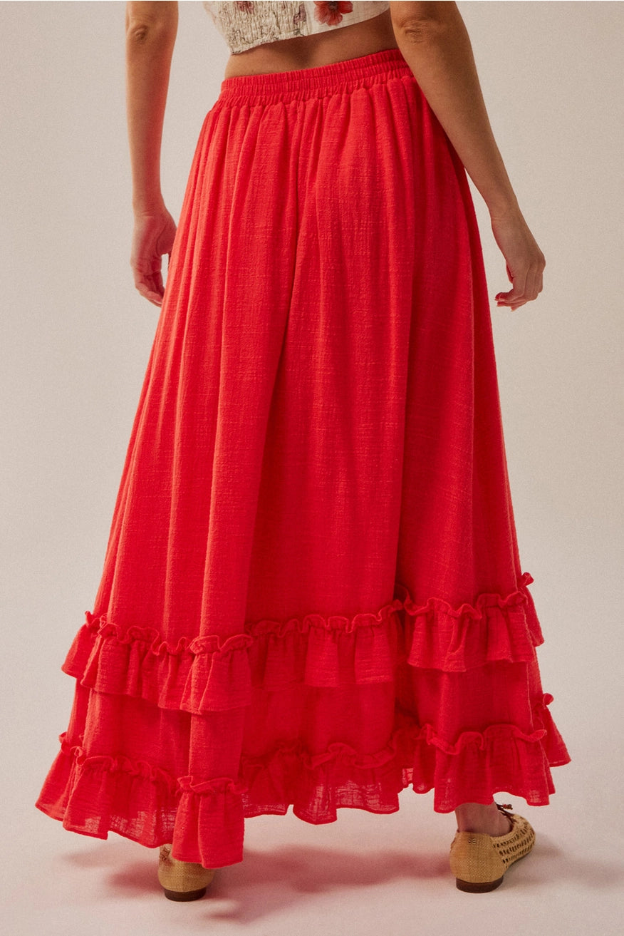 Solid Cotton Gauze Button-Front Ruffled Maxi Skirt