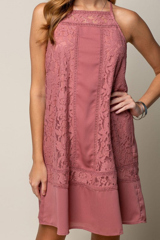 Mixed Lace High Neck Shift Dress