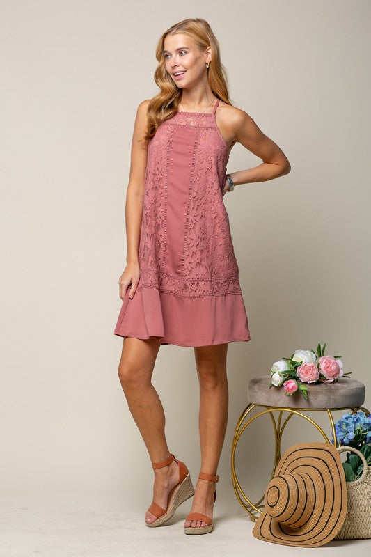 Mixed Lace High Neck Shift Dress
