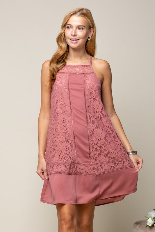 Mixed Lace High Neck Shift Dress