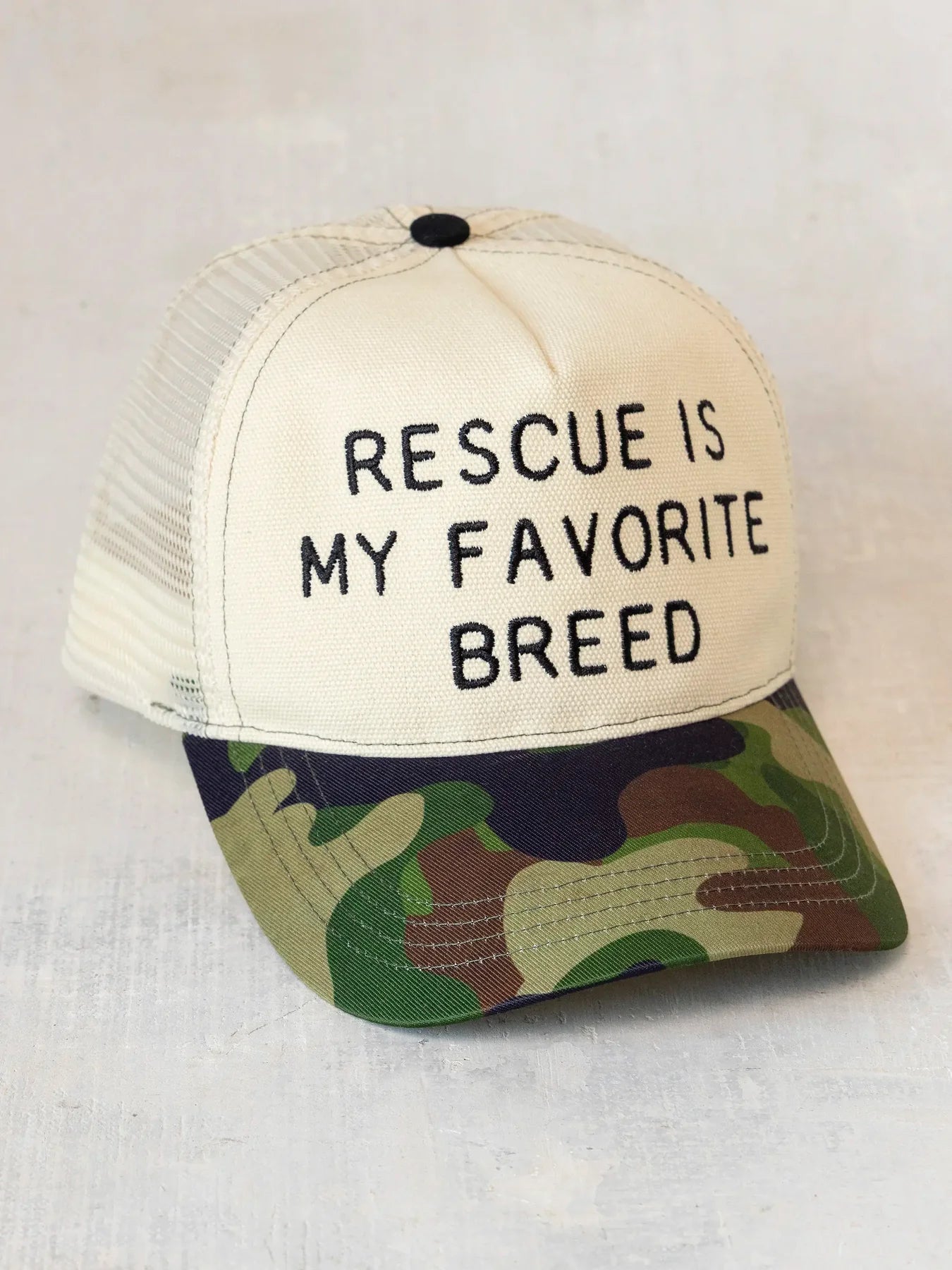 Embroidered Rescue Is My Favorite Breed Trucker Hat