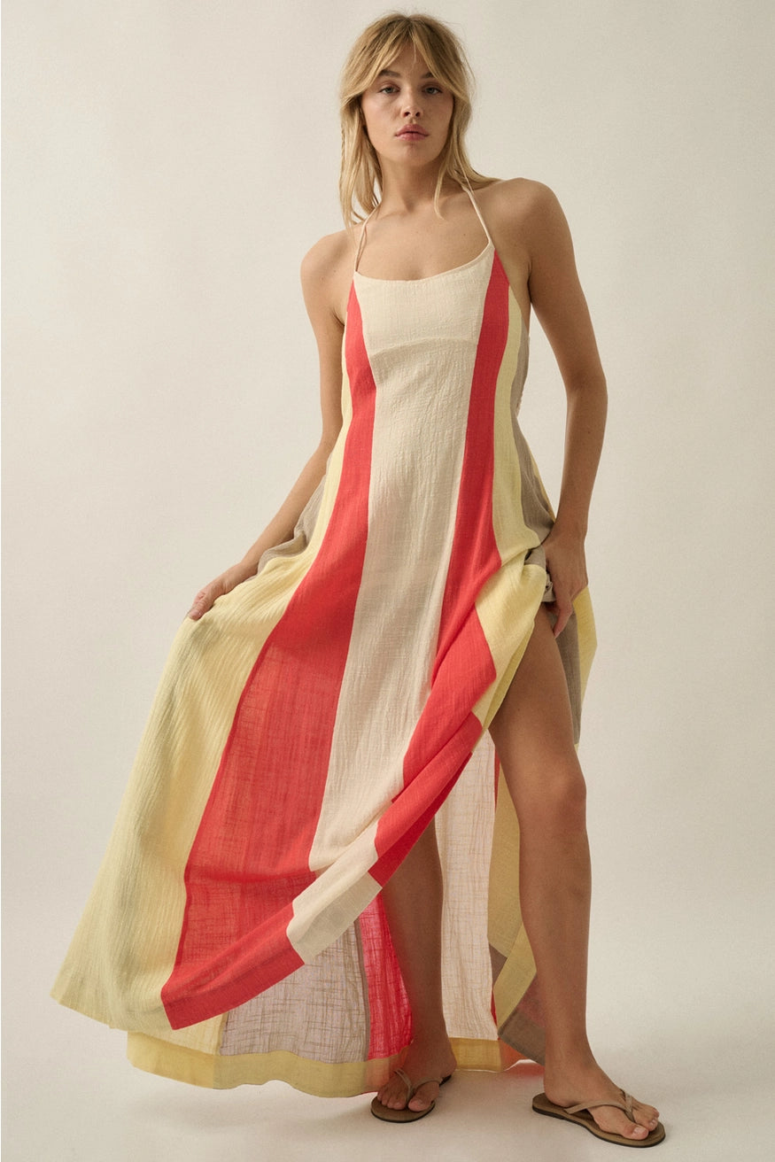 Colorblock Cotton Gauze Open-Back Halter Pocket Maxi Dress