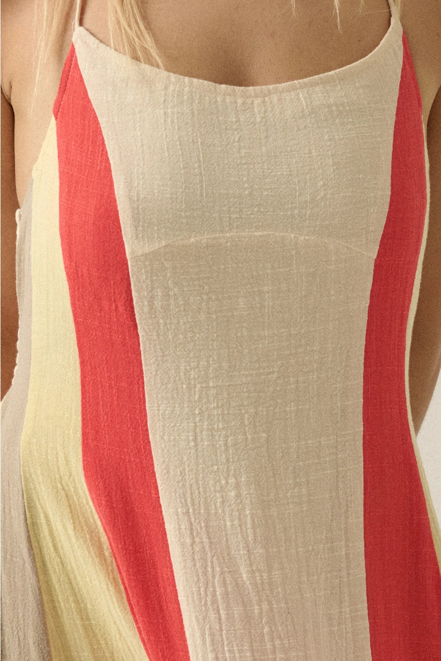 Colorblock Cotton Gauze Open-Back Halter Pocket Maxi Dress