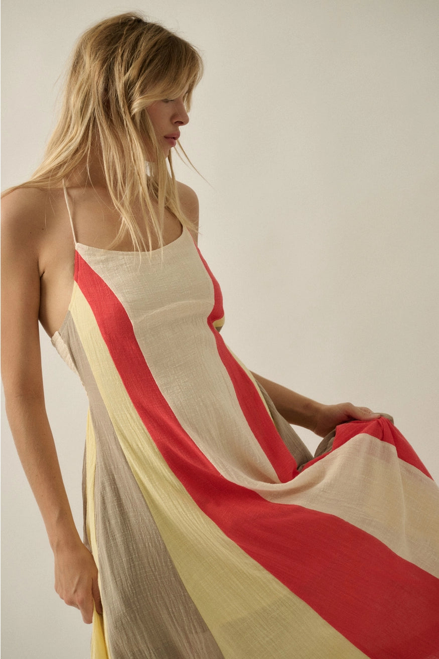 Colorblock Cotton Gauze Open-Back Halter Pocket Maxi Dress