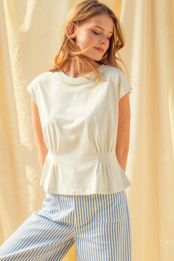 Round Neck Waist Detailed Cap Sleeve Top