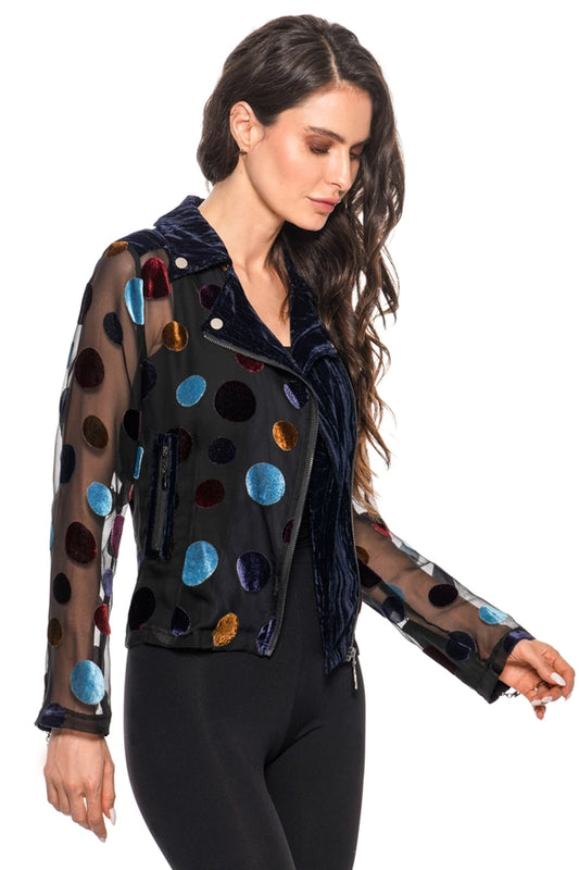 Adore Velvet Polka Dot Mesh Moto Jacket