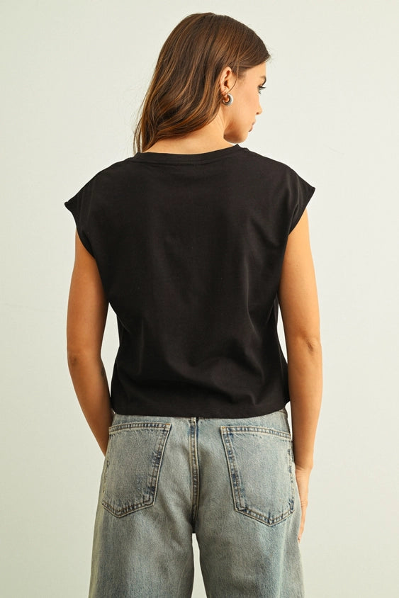 Round Neck Waist Detailed Cap Sleeve Top