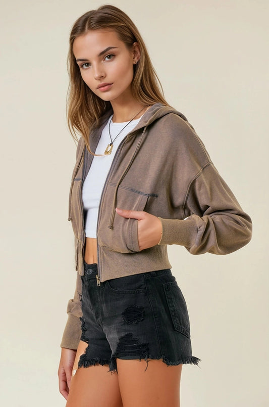 Vintage Washed Zip-Up Hoodie with Front Pockets