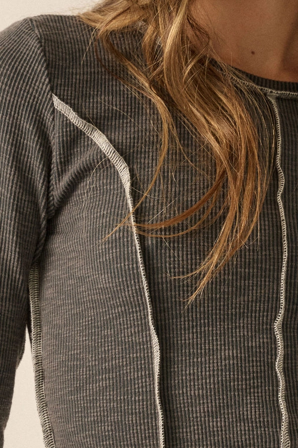 Reverse Seam Long Sleeve Rib-Knit Top
