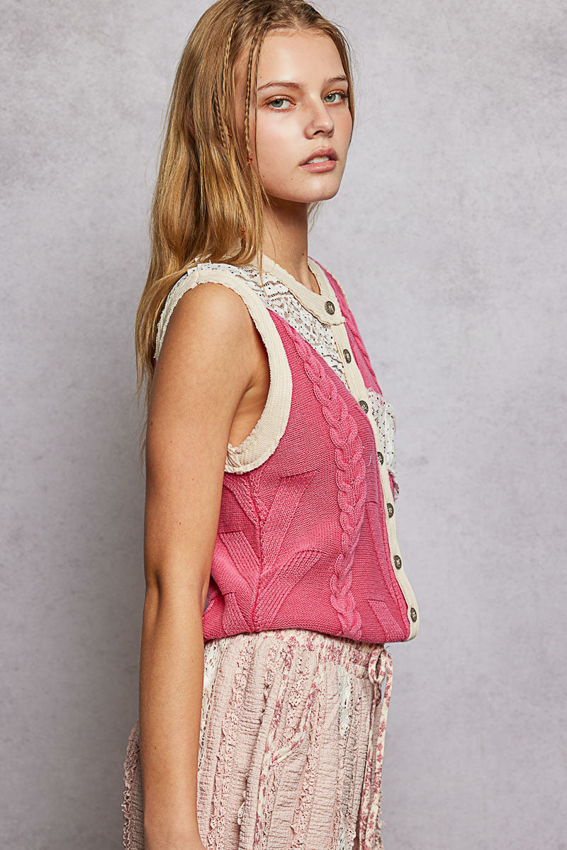 POL Lace Contrast Sweater Vest