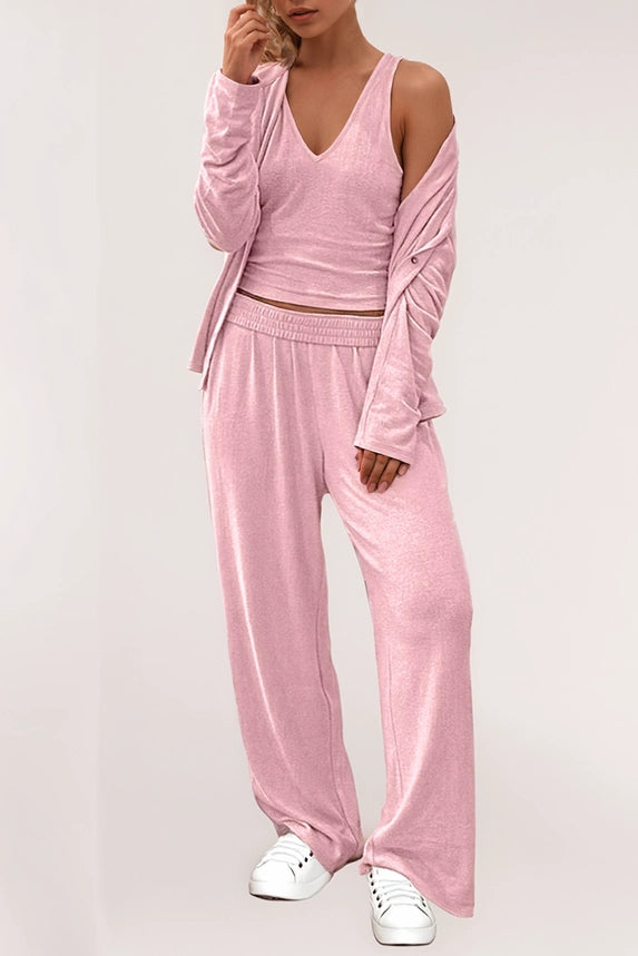 V-Neck Long Sleeve 3-Piece Cozy Knit Lounge Set