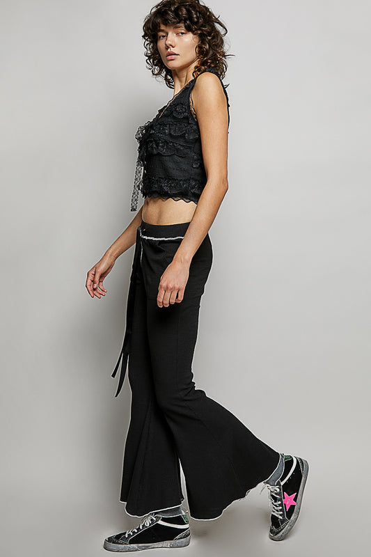 Ribbed Knit Ribbon Drawstring Lounge Pants